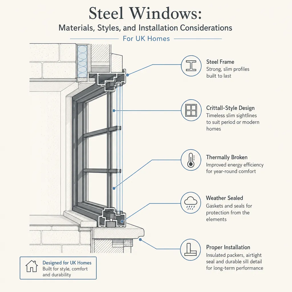 Diagram illustrating: Steel Windows: Materials, Styles, and Installation Considerations