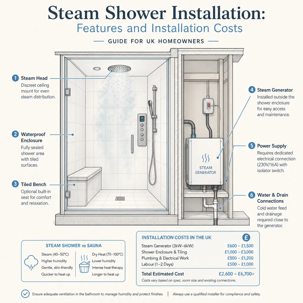 Diagram illustrating: Steam Shower Installation: Features and Installation Costs