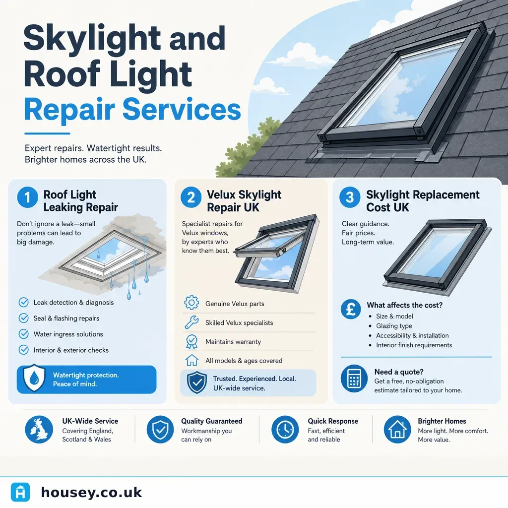 Infographic illustrating: Skylight and Roof Light Repair Services
