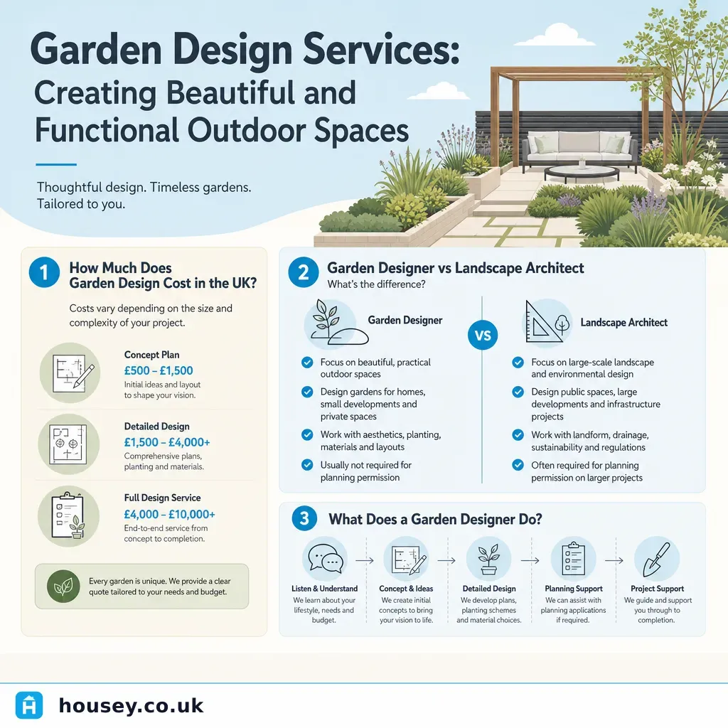 Infographic illustrating: Garden Design Services: Creating Beautiful and Functional Outdoor Spaces