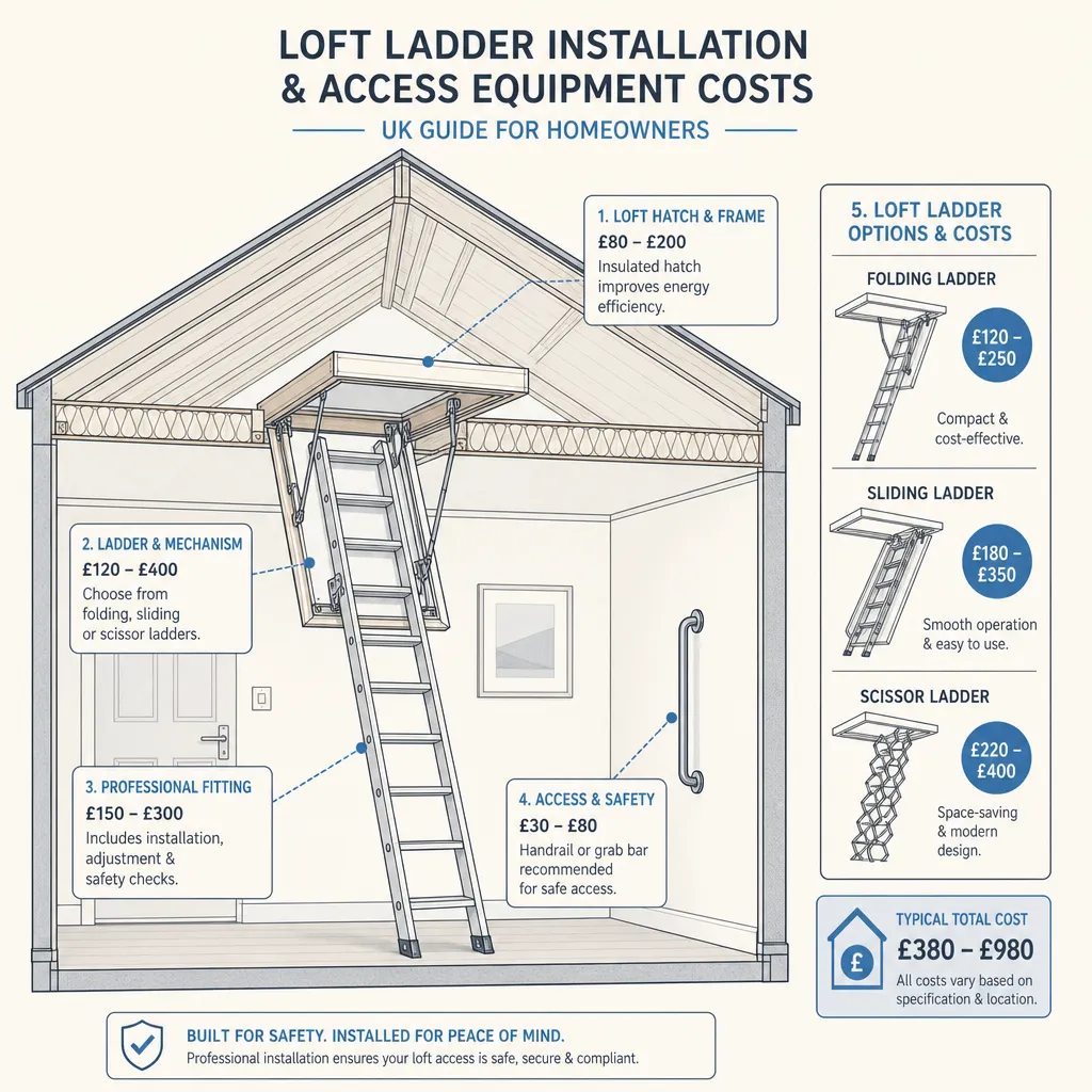 Diagram illustrating: Loft Ladder Installation and Access Equipment Costs