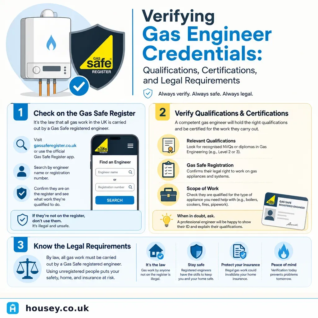 Infographic illustrating: Verifying Gas Engineer Credentials: Qualifications, Certifications, and Legal Requirements
