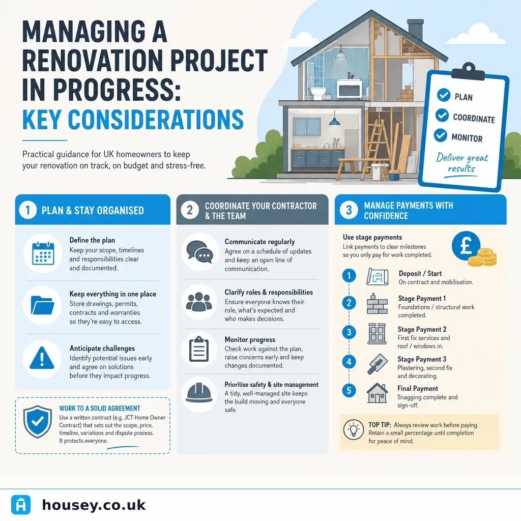 Infographic illustrating: Managing a Renovation Project in Progress: Key Considerations