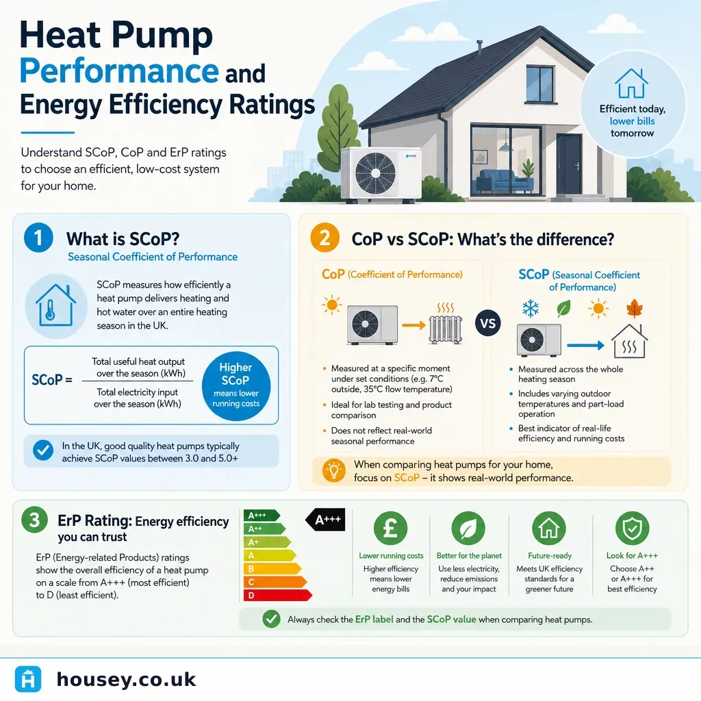 Infographic illustrating: Heat Pump Performance and Energy Efficiency Ratings