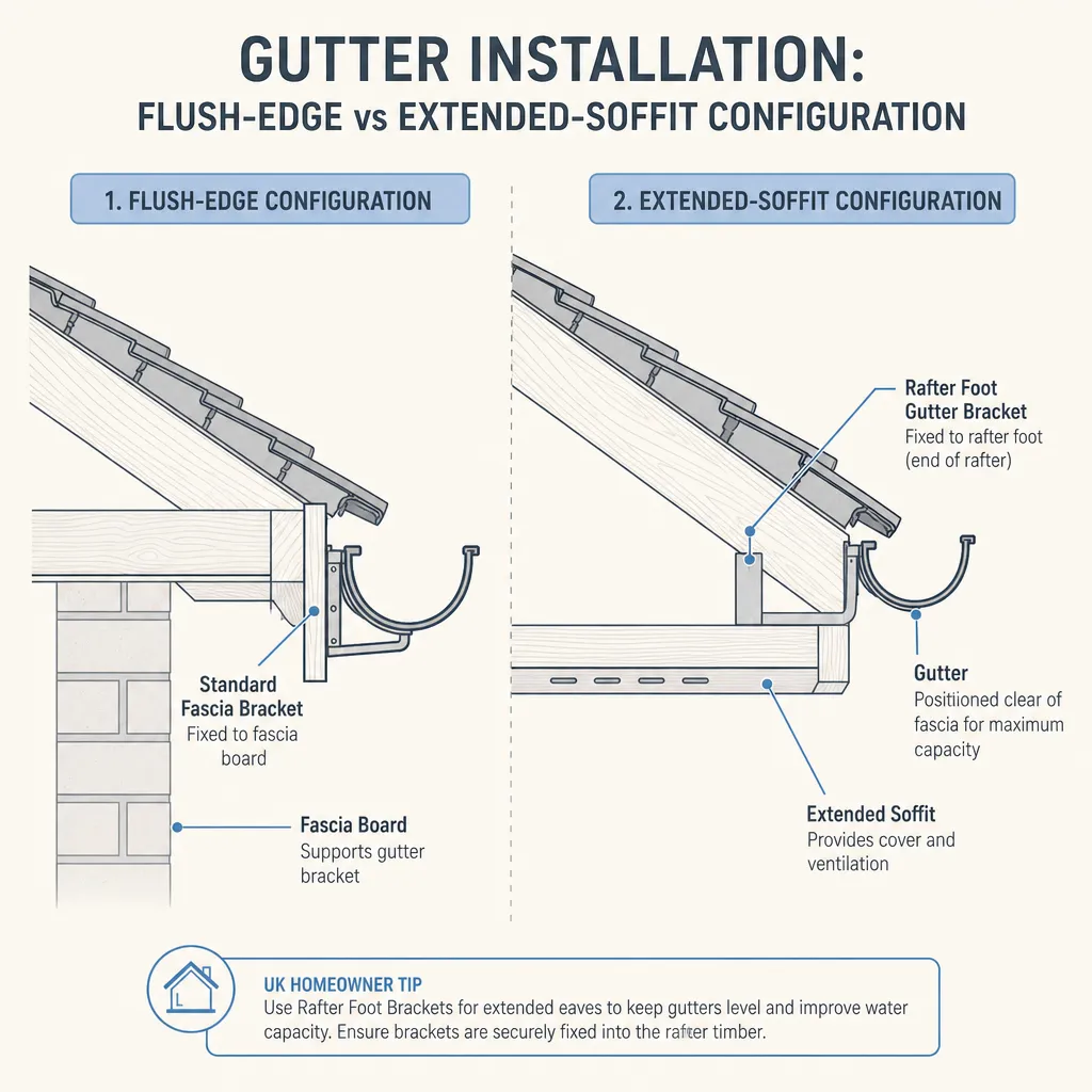 Diagram illustrating: Gutter Installation: Flush-Edge vs Extended-Soffit Configuration