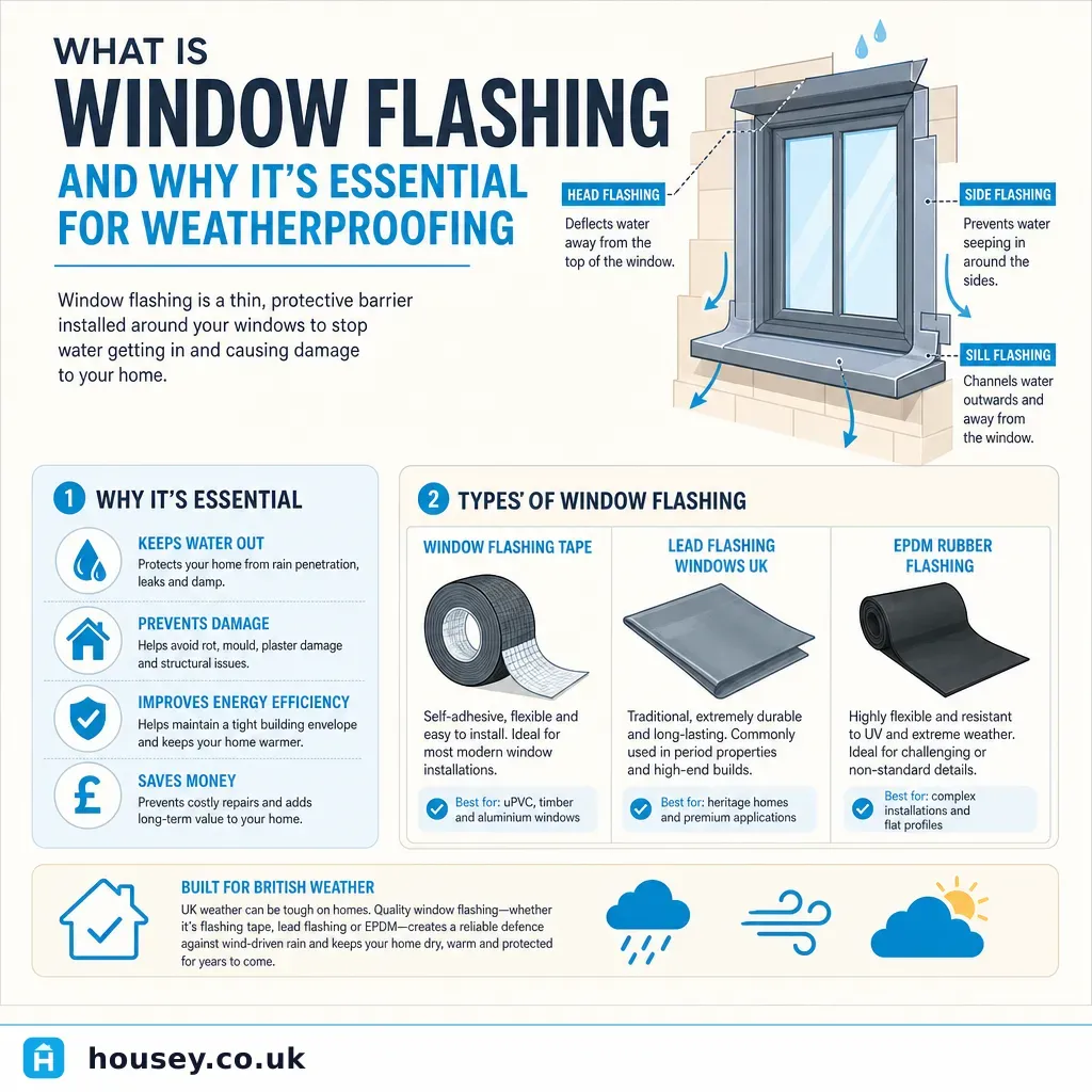 Infographic illustrating: What is window flashing and why it's essential for weatherproofing