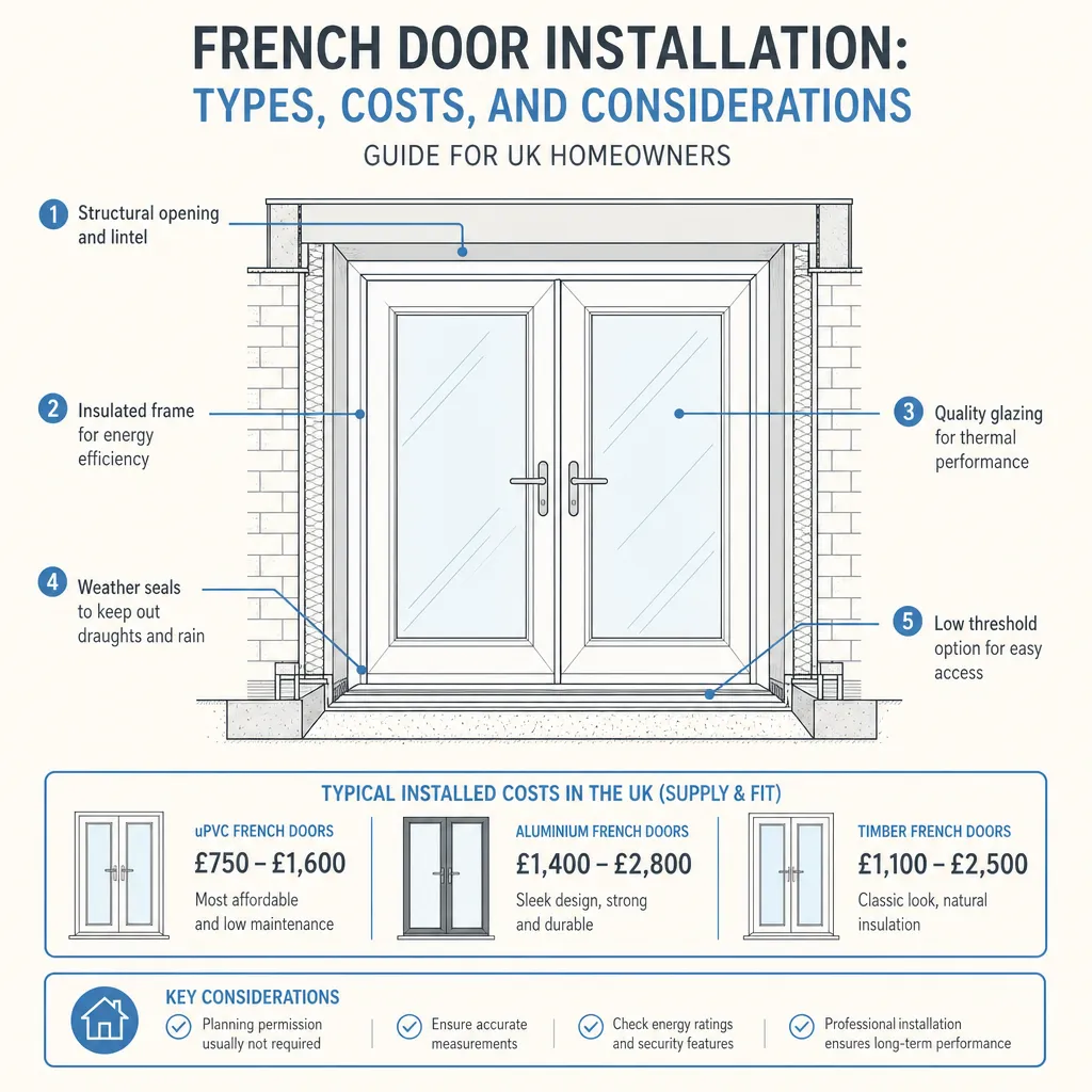 Diagram illustrating: French Door Installation: Types, Costs, and Considerations