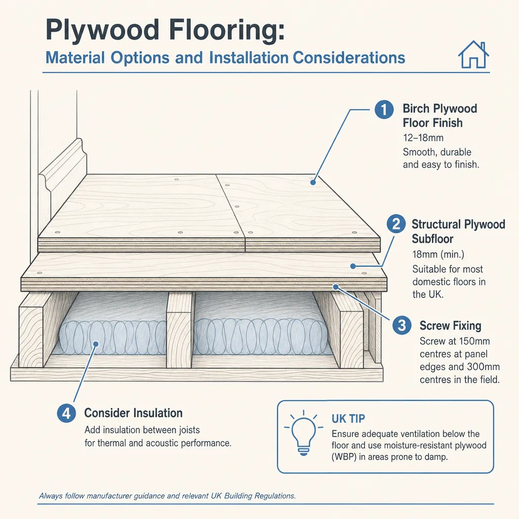 Diagram illustrating: Plywood Flooring: Material Options and Installation Considerations