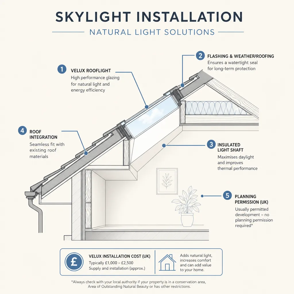 Diagram illustrating: Skylight Installation: Natural Light Solutions
