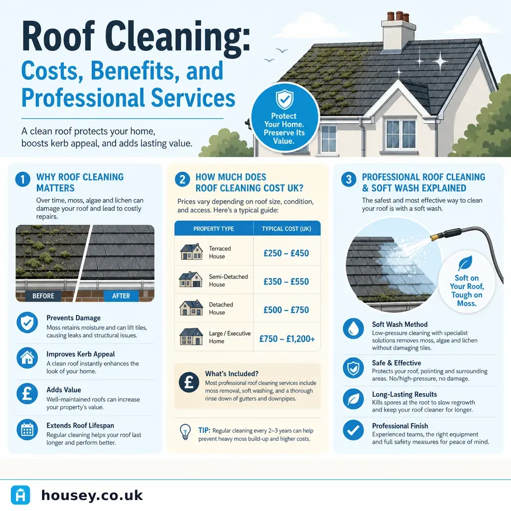 Infographic illustrating: Roof Cleaning: Costs, Benefits, and Professional Services