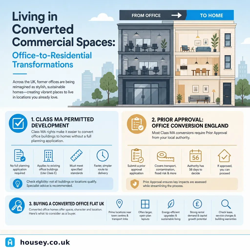 Infographic illustrating: Living in Converted Commercial Spaces: Office-to-Residential Transformations