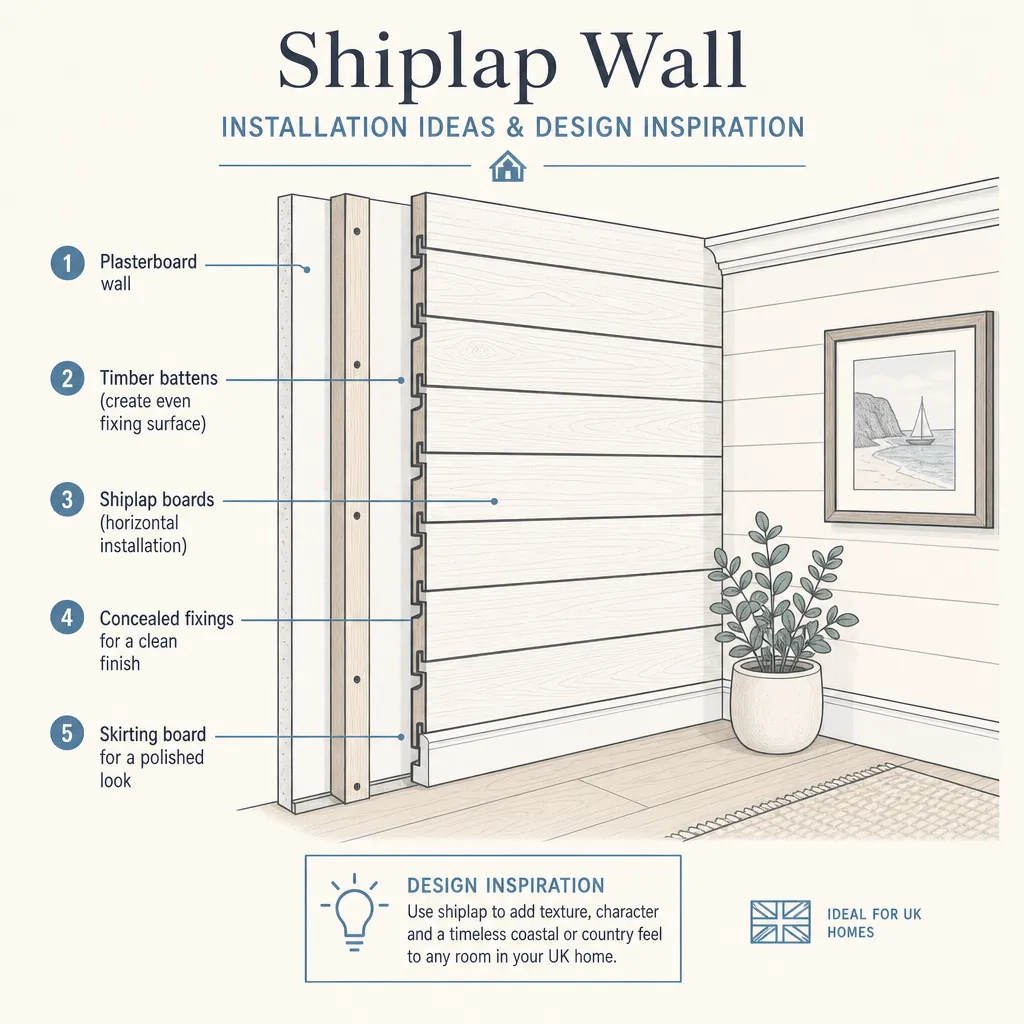 Diagram illustrating: Shiplap Wall Installation Ideas and Design Inspiration