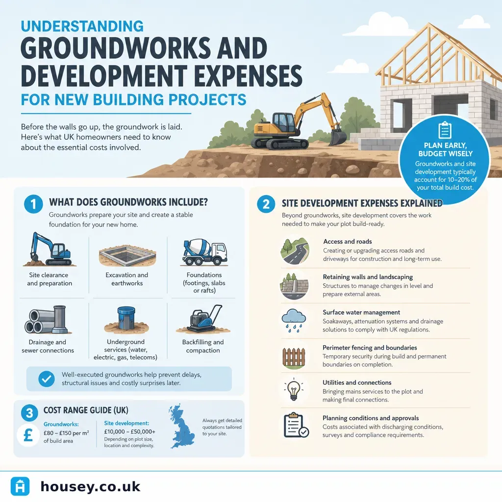 Infographic illustrating: Understanding Groundworks and Development Expenses for New Building Projects