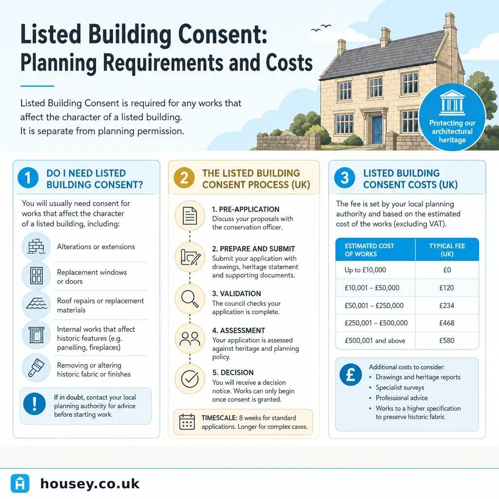 Infographic illustrating: Listed Building Consent: Planning Requirements and Costs
