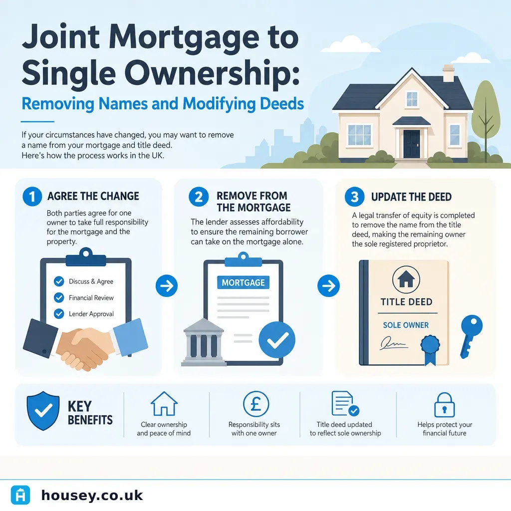 Infographic illustrating: Joint Mortgage to Single Ownership: Removing Names and Modifying Deeds
