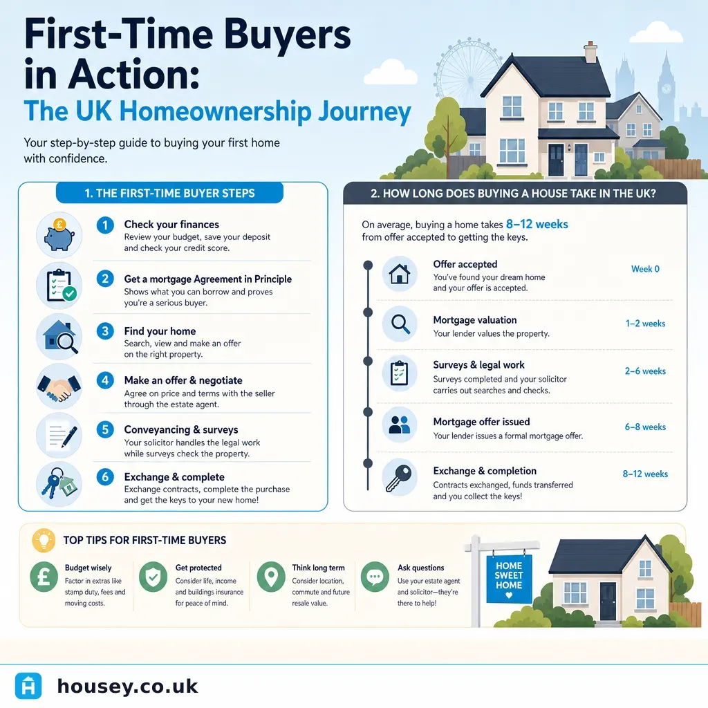 Infographic illustrating: First-Time Buyers in Action: The UK Homeownership Journey