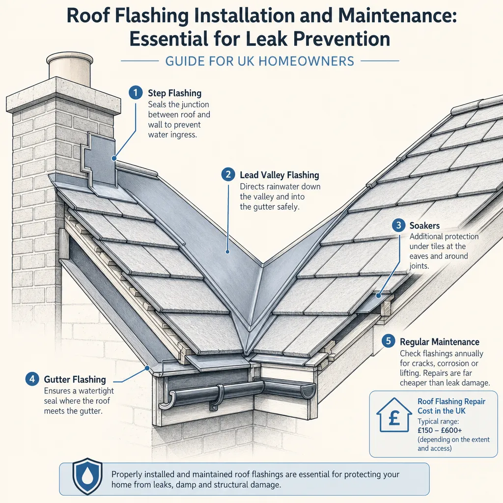 Diagram illustrating: Roof Flashing Installation and Maintenance: Essential for Leak Prevention