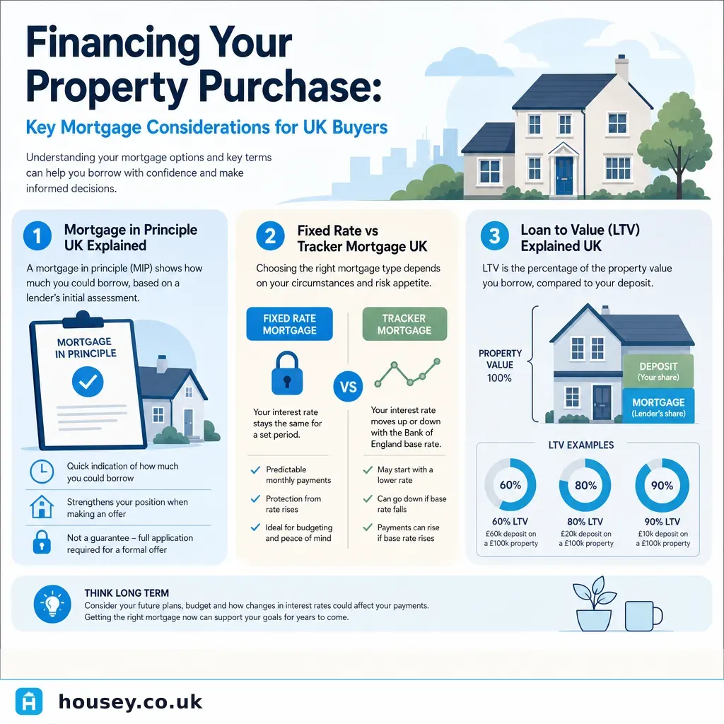 Infographic illustrating: Financing Your Property Purchase: Key Mortgage Considerations for UK Buyers