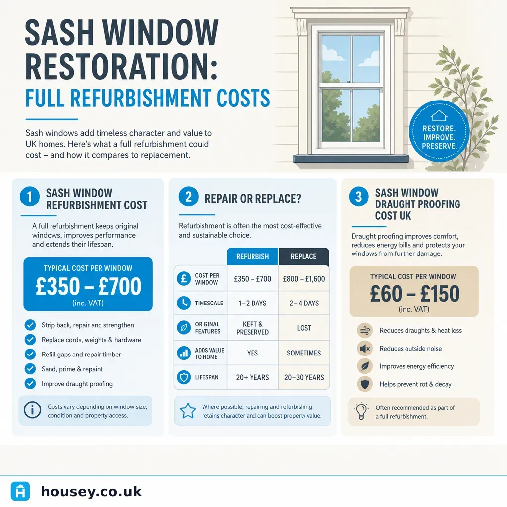 Infographic illustrating: Sash Window Restoration: Full Refurbishment Costs