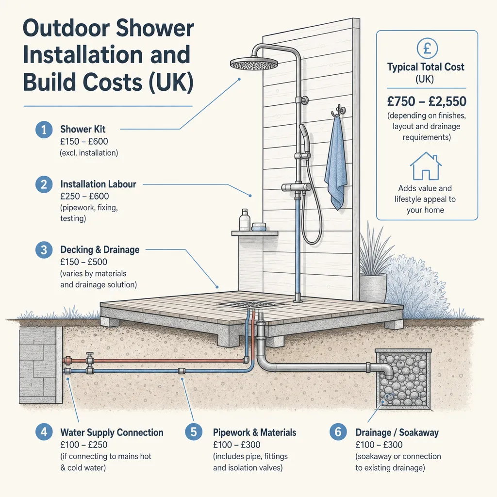 Diagram illustrating: Outdoor Shower Installation and Build Costs