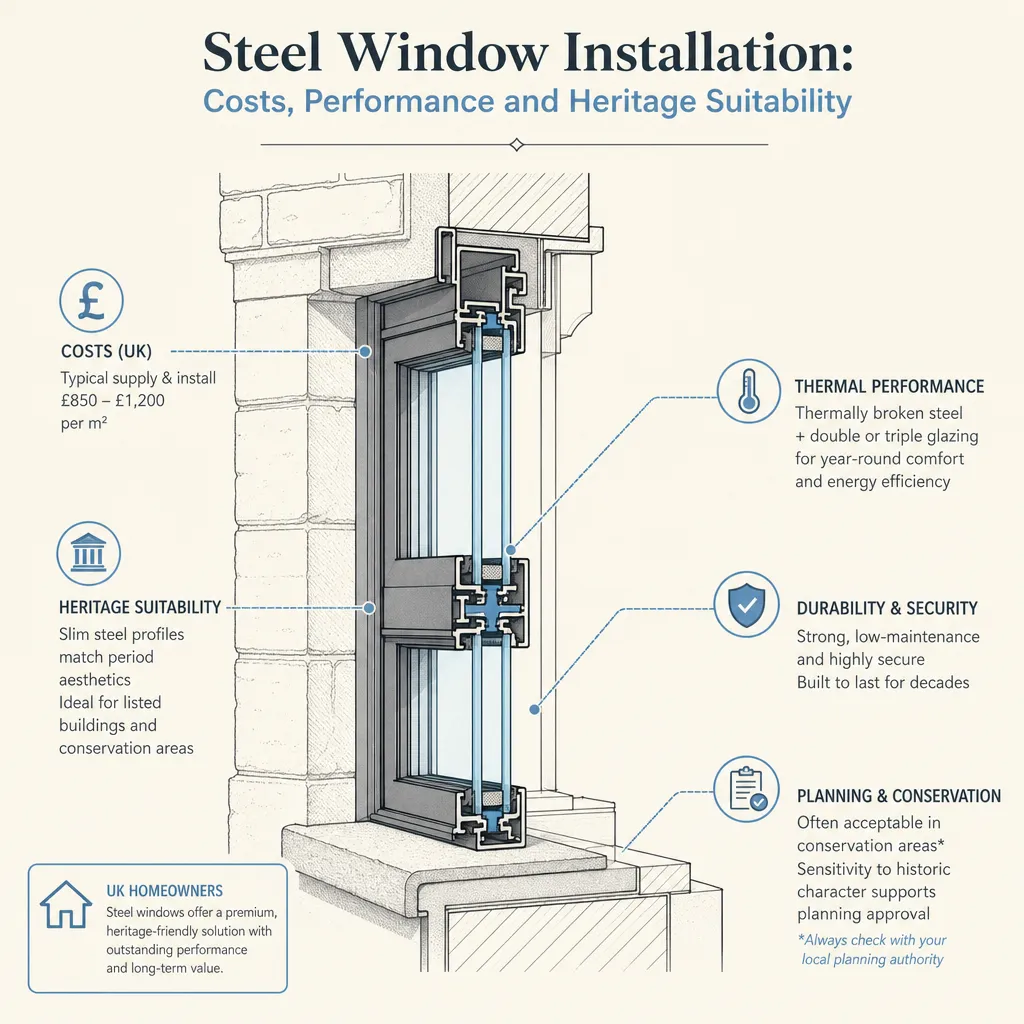 Diagram illustrating: Steel Window Installation: Costs, Performance and Heritage Suitability