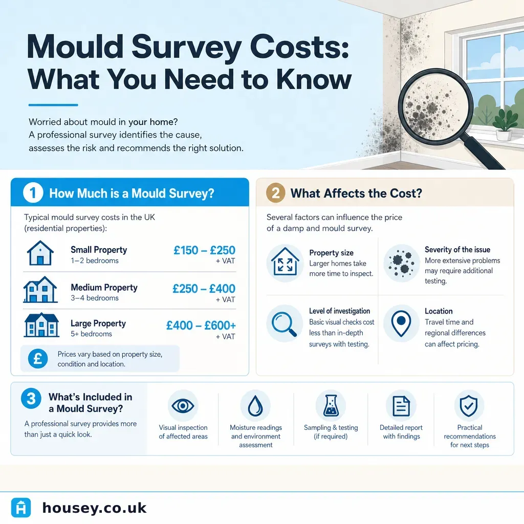 Infographic illustrating: Mould Survey Costs: What You Need to Know