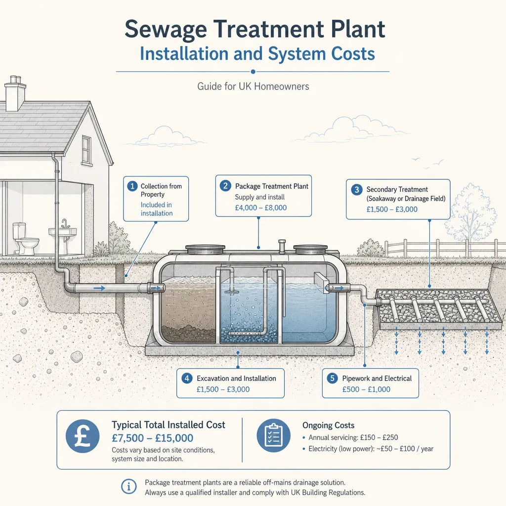 Diagram illustrating: Sewage Treatment Plant Installation and System Costs