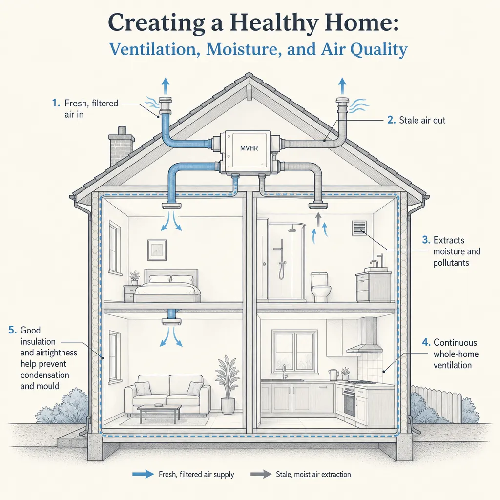 Diagram illustrating: Creating a Healthy Home: Ventilation, Moisture, and Air Quality