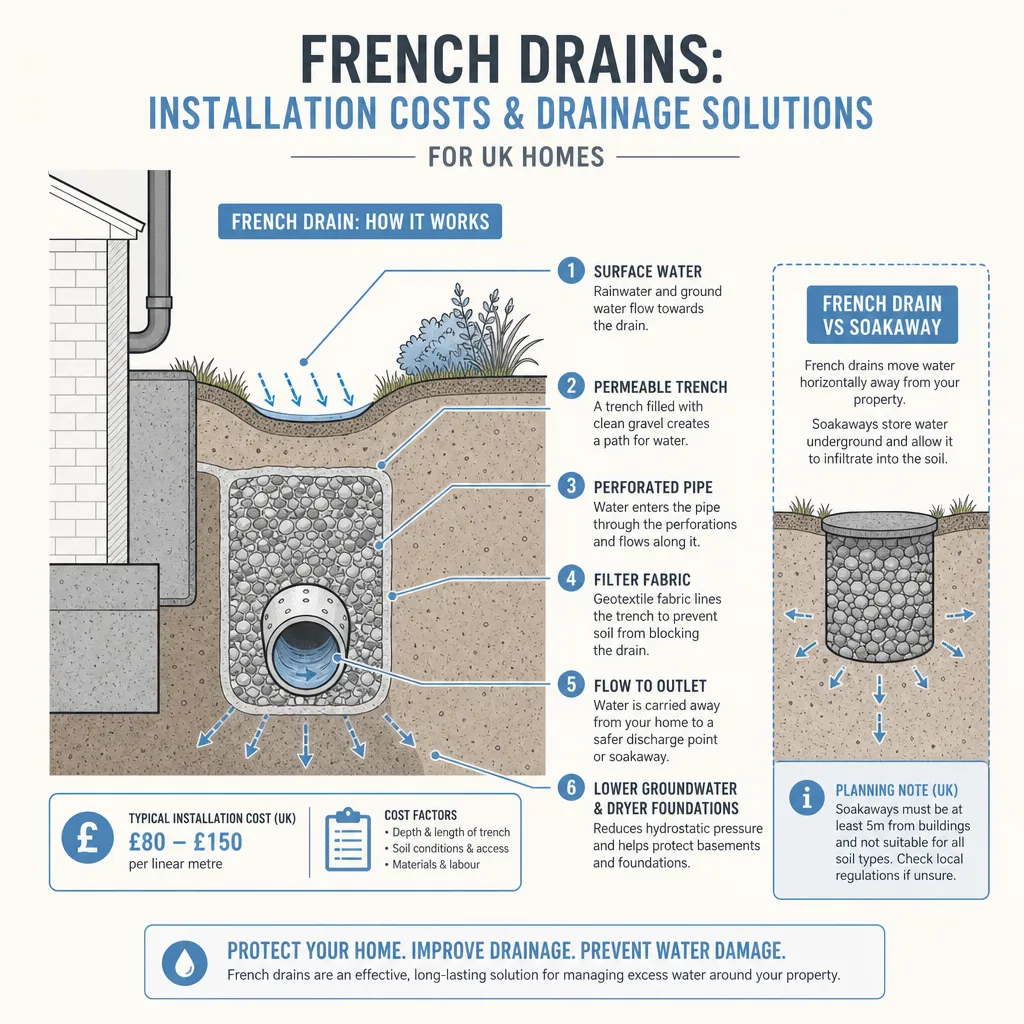 Diagram illustrating: French Drains: Installation Costs and Drainage Solutions