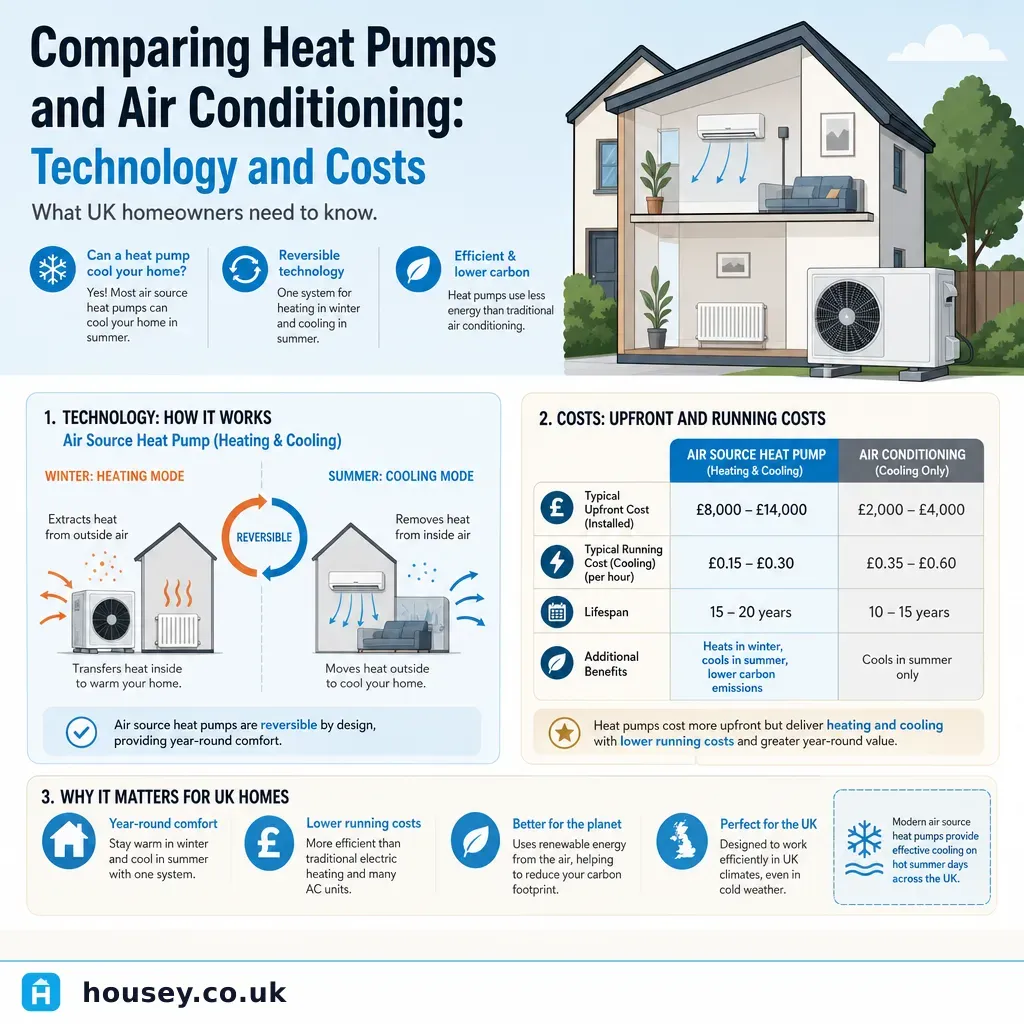 Infographic illustrating: Comparing Heat Pumps and Air Conditioning: Technology and Costs