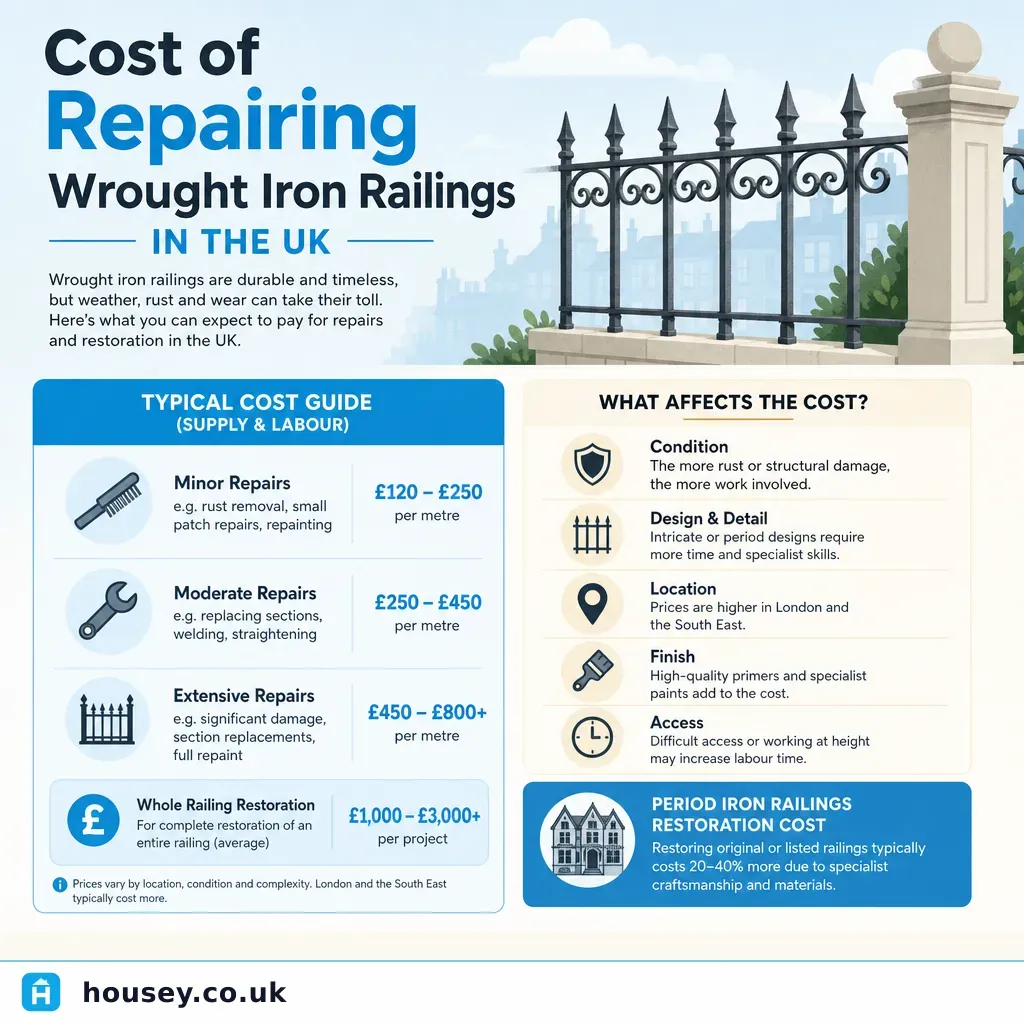 Infographic illustrating: Cost of Repairing Wrought Iron Railings in the UK