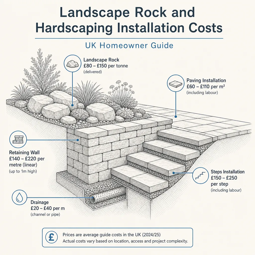Diagram illustrating: Landscape Rock and Hardscaping Installation Costs