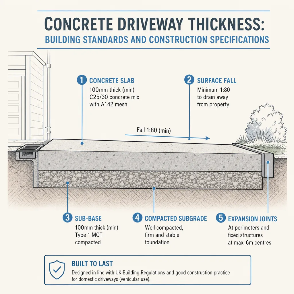 Diagram illustrating: Concrete Driveway Thickness: Building Standards and Construction Specifications