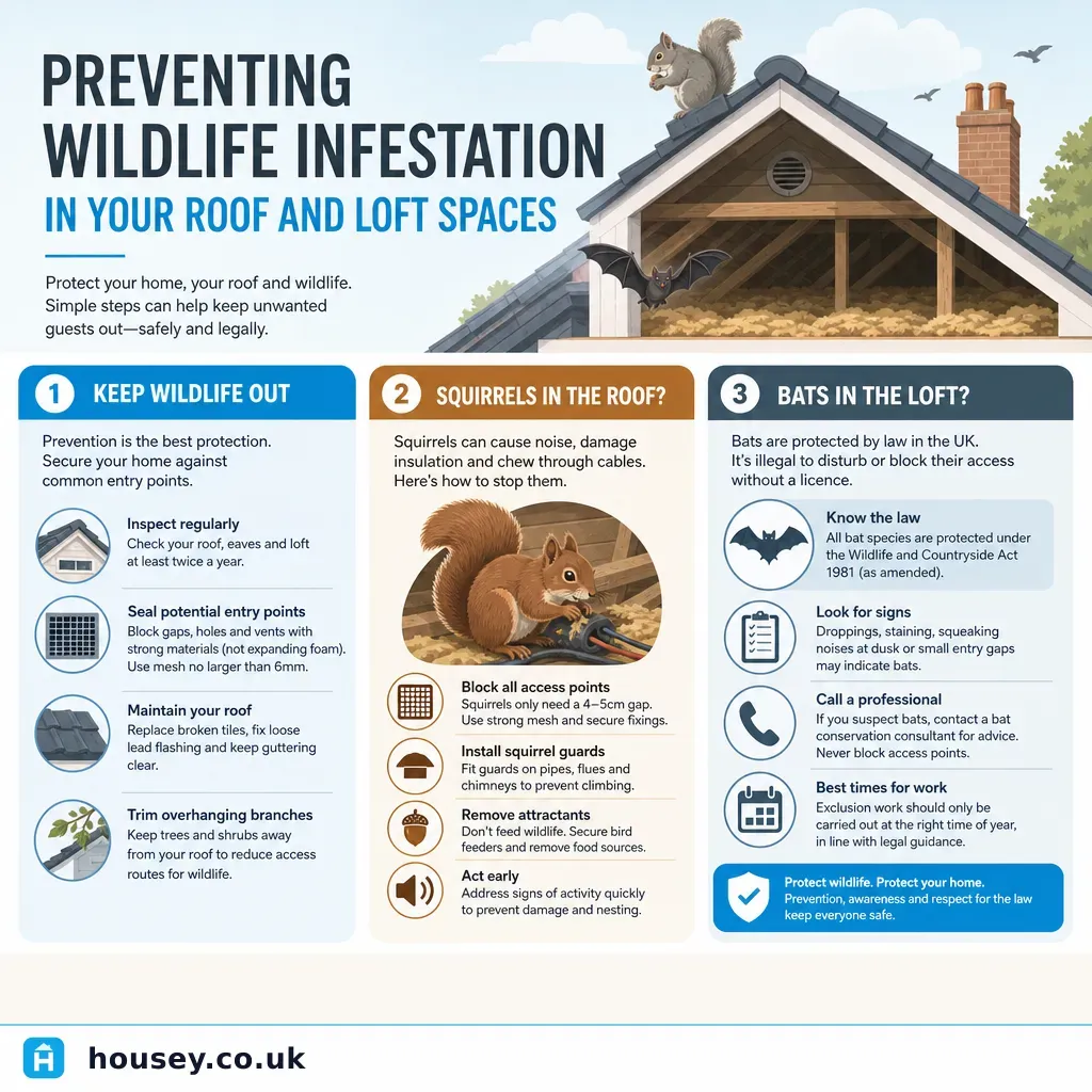 Infographic illustrating: Preventing Wildlife Infestation in Your Roof and Loft Spaces