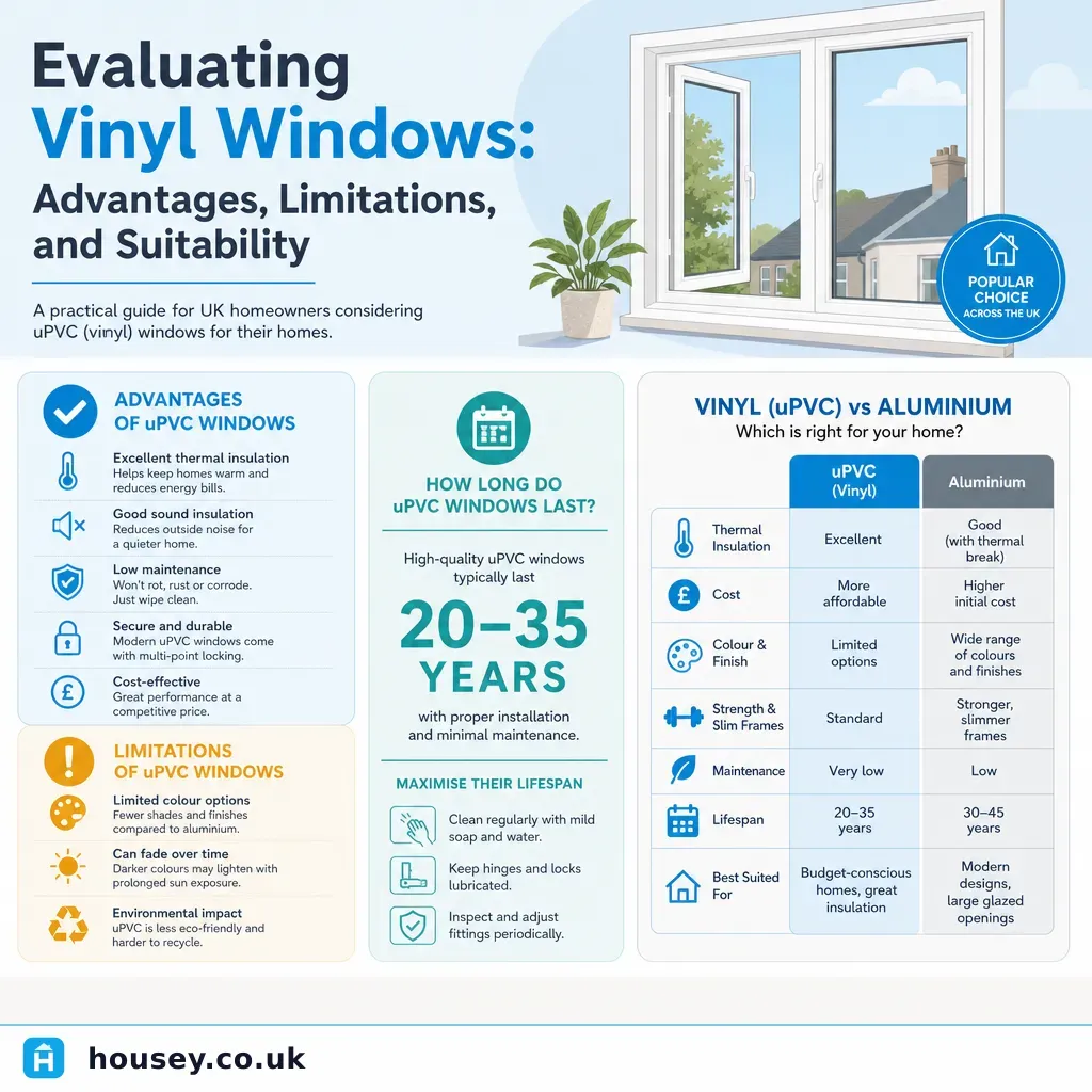 Infographic illustrating: Evaluating Vinyl Windows: Advantages, Limitations, and Suitability