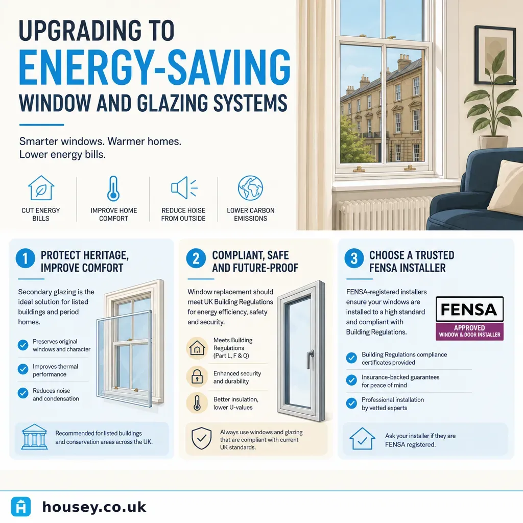 Infographic illustrating: Upgrading to Energy-Saving Window and Glazing Systems