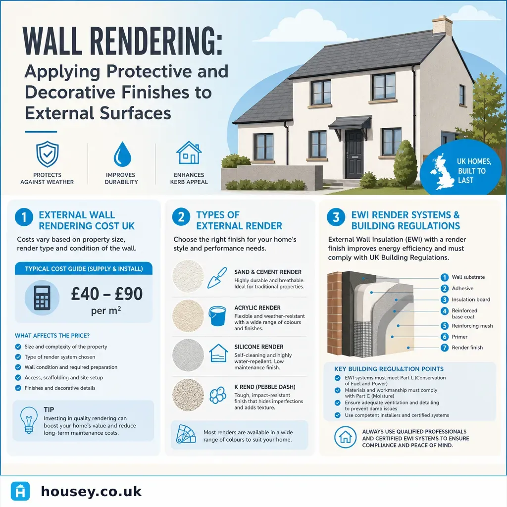Infographic illustrating: Wall Rendering: Applying Protective and Decorative Finishes to External Surfaces