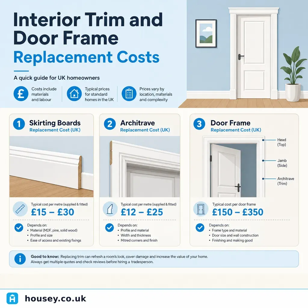 Infographic illustrating: Interior Trim and Door Frame Replacement Costs
