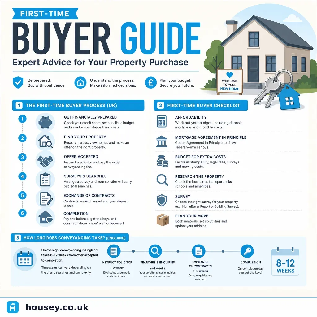 Infographic illustrating: First-Time Buyer Guide: Expert Advice for Your Property Purchase