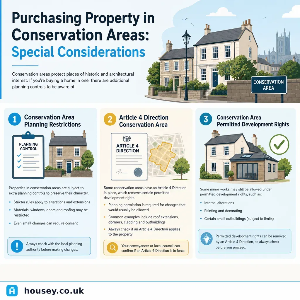 Infographic illustrating: Purchasing Property in Conservation Areas: Special Considerations