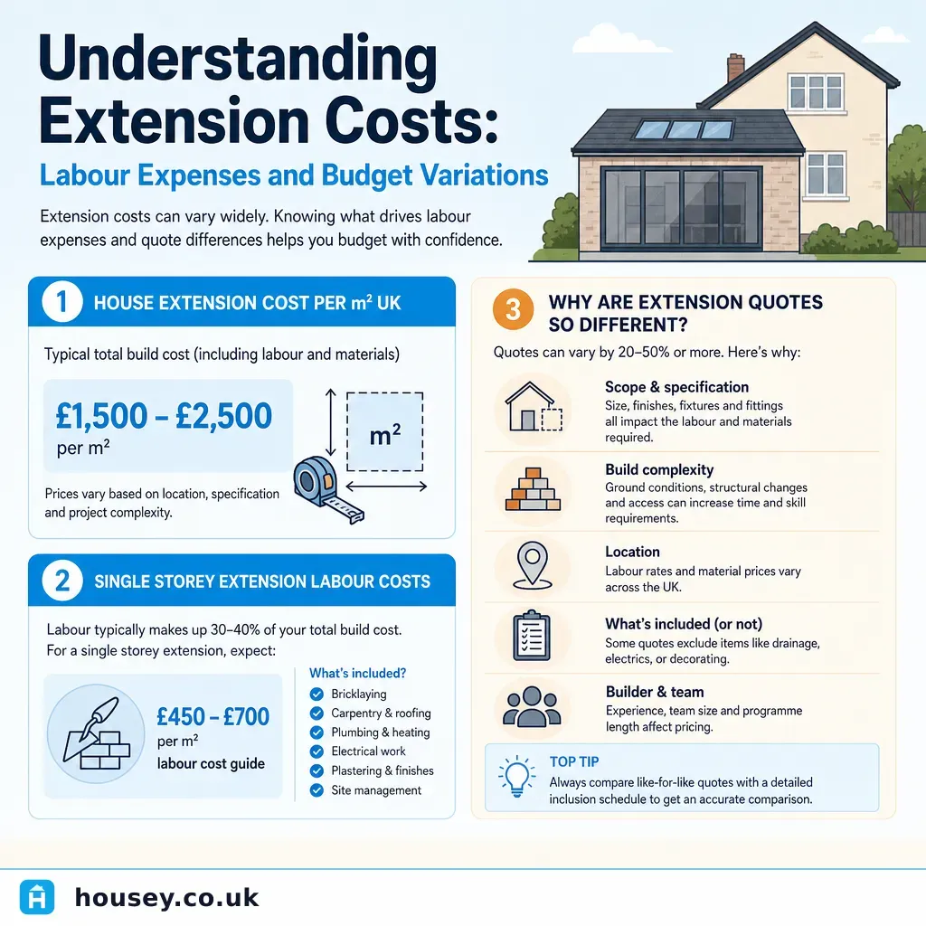 Infographic illustrating: Understanding Extension Costs: Labour Expenses and Budget Variations