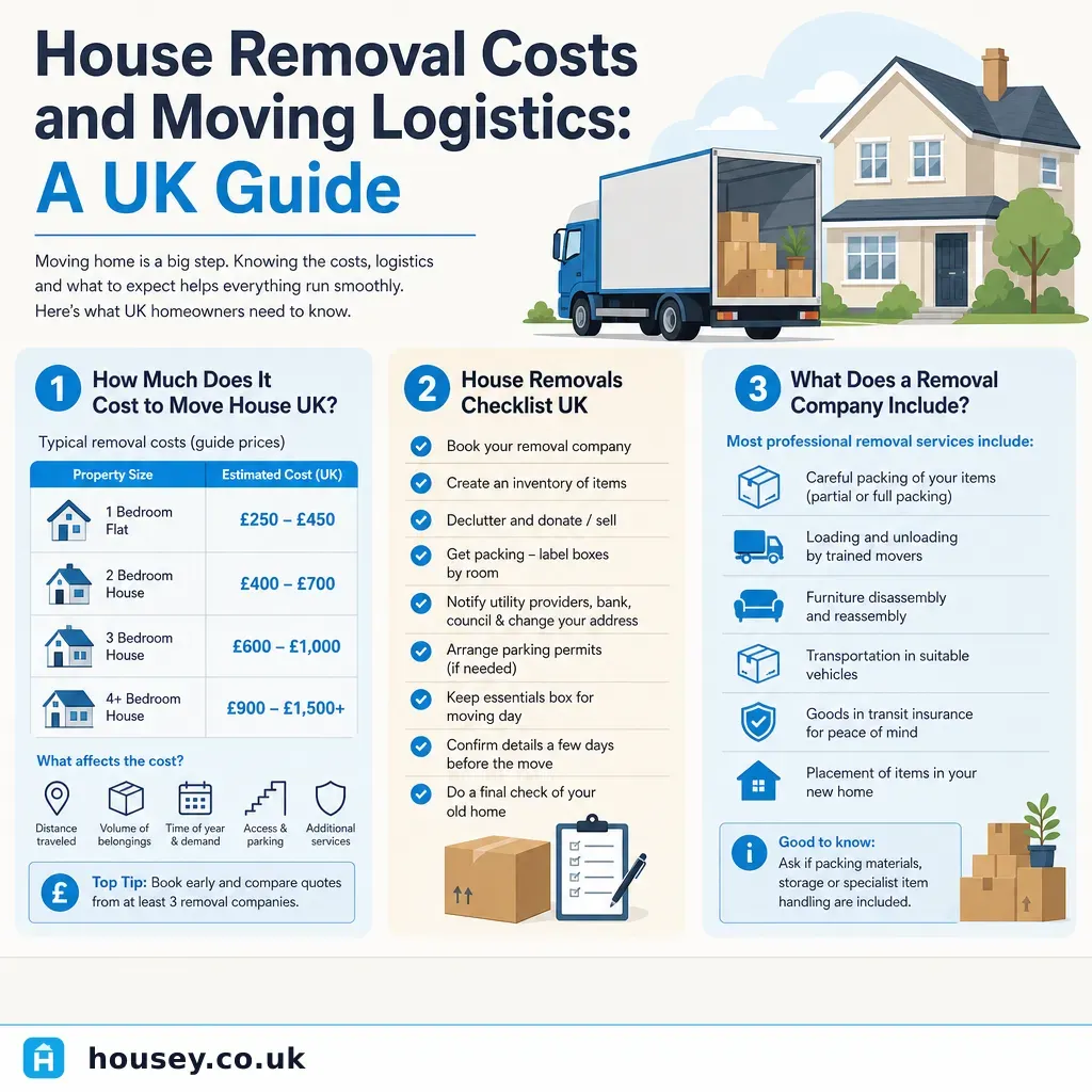 Infographic illustrating: House Removal Costs and Moving Logistics: A UK Guide