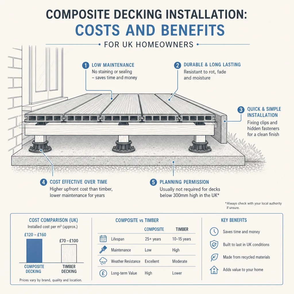 Diagram illustrating: Composite Decking Installation: Costs and Benefits