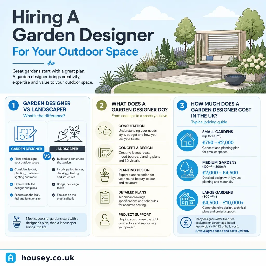 Infographic illustrating: Hiring A Garden Designer For Your Outdoor Space