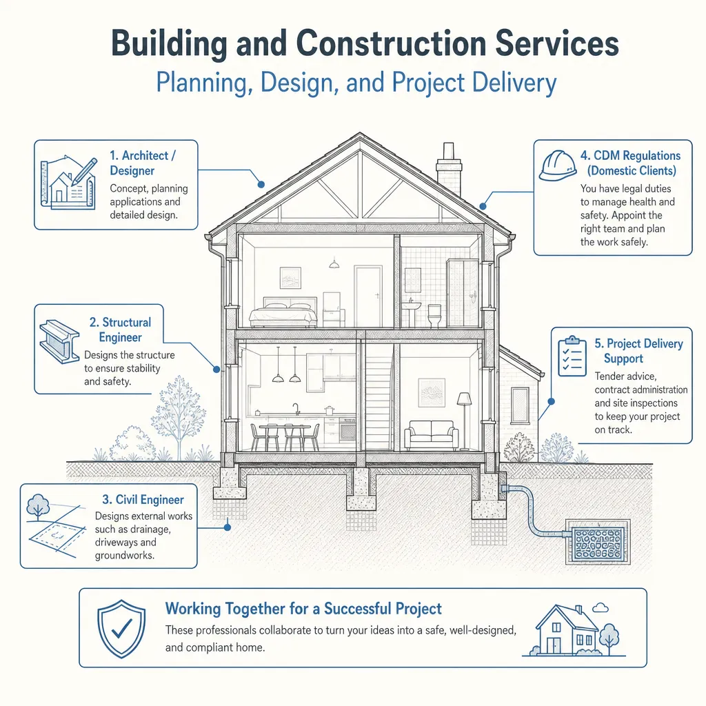 Diagram illustrating: Building and Construction Services: Planning, Design, and Project Delivery