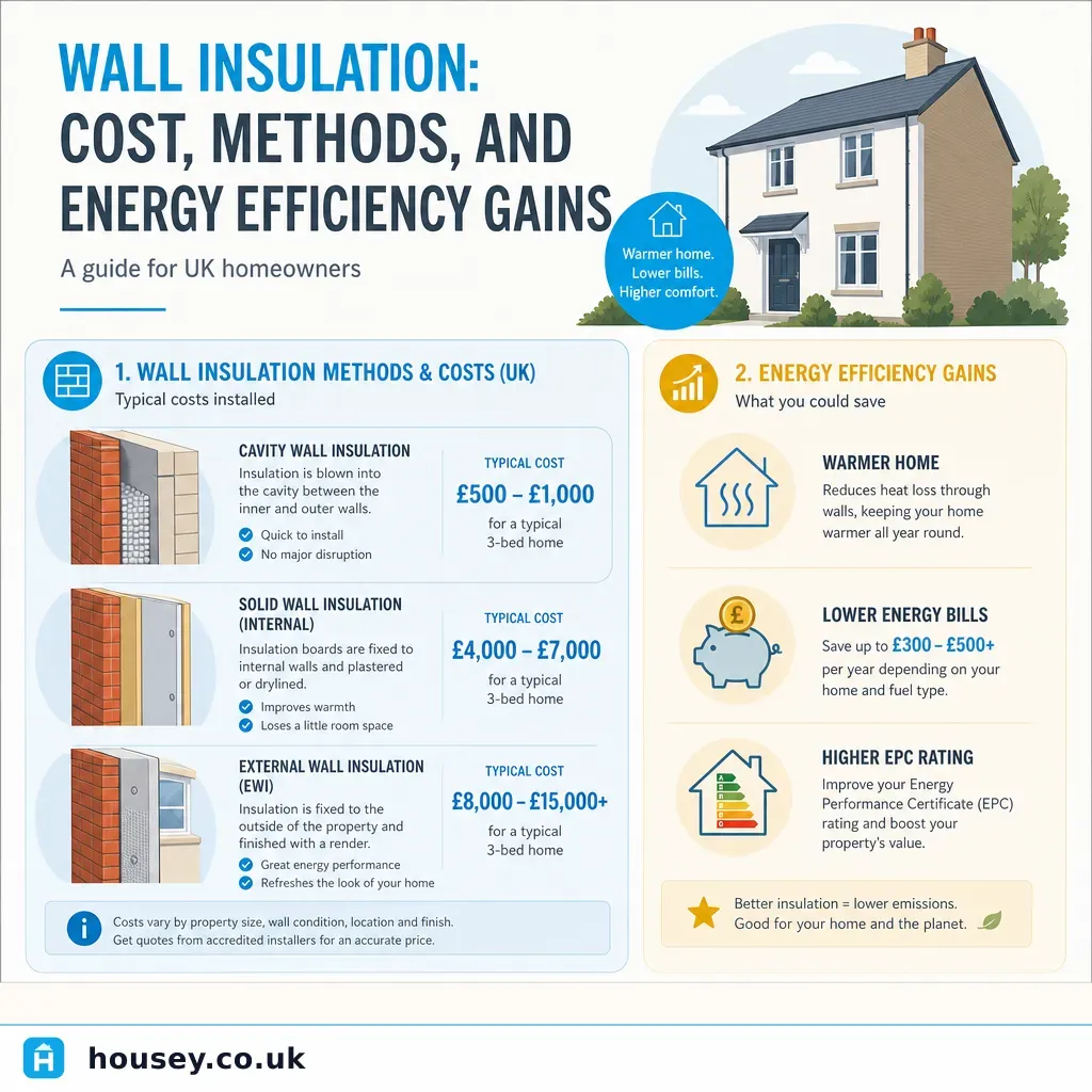 Infographic illustrating: Wall Insulation: Cost, Methods, and Energy Efficiency Gains