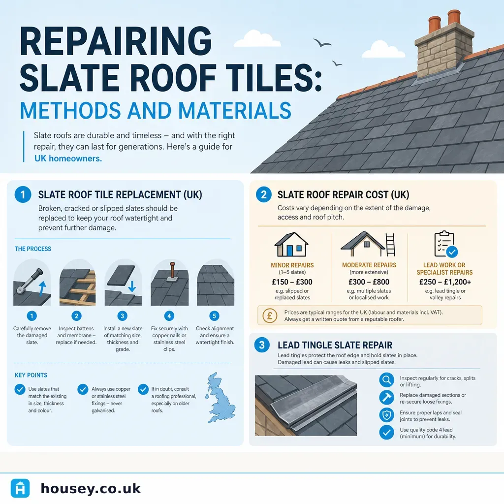 Infographic illustrating: Repairing Slate Roof Tiles: Methods and Materials