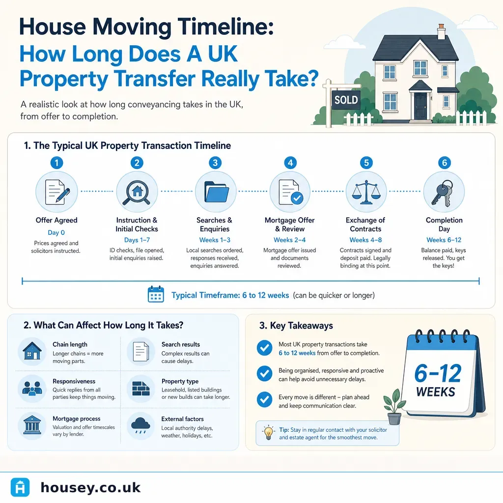 Infographic illustrating: House Moving Timeline: How Long Does A UK Property Transfer Really Take?