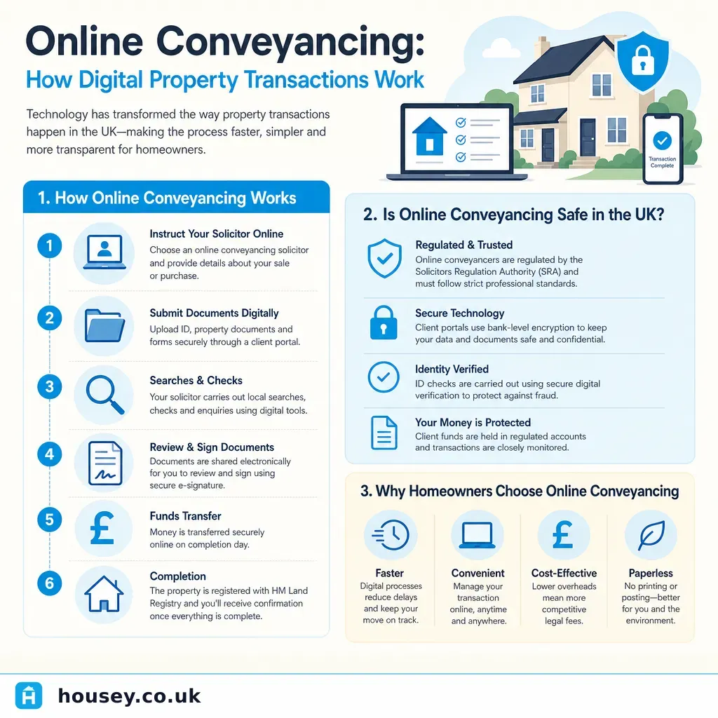 Infographic illustrating: Online Conveyancing: How Digital Property Transactions Work