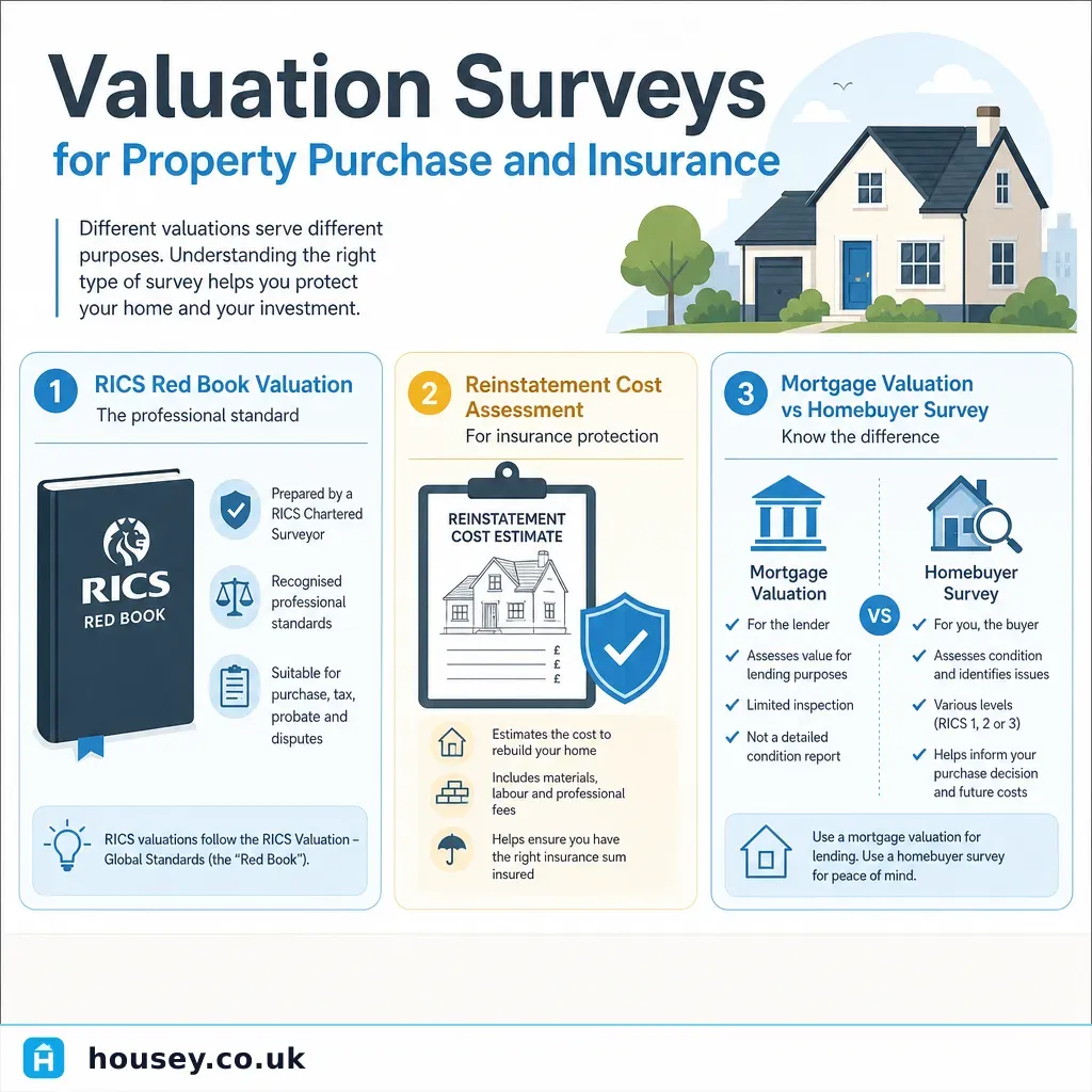 Infographic illustrating: Valuation Surveys for Property Purchase and Insurance